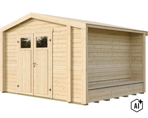 Gartenhaus aus Holz mit Doppeltür und integriertem Anbau mit Sitzbank für den Außenbereich (Image AI modified or generated)