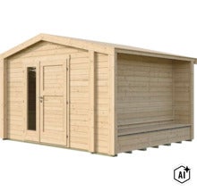 Gartenhaus aus Holz mit Doppeltür, Glaseinsatz und angebautem Vordach mit Sitzbank für den Außenbereich (Image AI modified or generated)