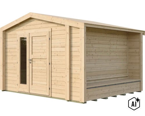 Gartenhaus aus Holz mit Doppeltür, Glaseinsatz und angebautem Vordach mit Sitzbank für den Außenbereich (Image AI modified or generated)