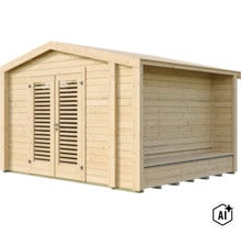 Gartenhaus aus Holz mit Satteldach, Doppeltür mit Lamellenfenstern und angebautem seitlichem Unterstand mit Sitzbank. (Image AI modified or generated)