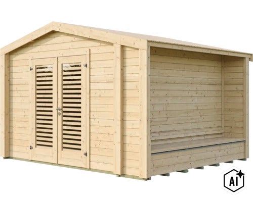 Gartenhaus aus Holz mit Satteldach, Doppeltür mit Lamellenfenstern und angebautem seitlichem Unterstand mit Sitzbank. (Image AI modified or generated)