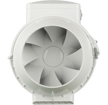 Rohrventilator aus Kunststoff für Lüftungssysteme, runde Form mit innenliegenden Lüfterflügeln.