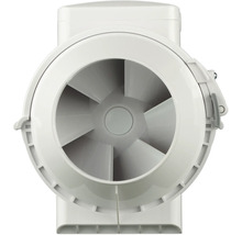 Rohrventilator aus Kunststoff in der Frontansicht mit sichtbaren Ventilatorflügeln.
