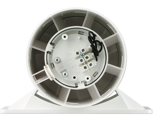 Rückansicht eines Rohrventilators aus Kunststoff mit sichtbarem elektrischen Anschluss und Lüfterflügeln.