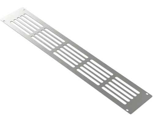 Rechteckiges Lüftungsgitter aus Aluminium mit parallelen Luftschlitzen für Möbel oder Sockel.