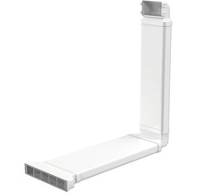 Weißes Lüftungsrohr-Set aus Kunststoff in L-Form mit Flachkanal, vertikalem Schacht und Lüftungsgitter.