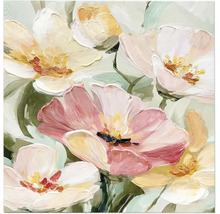 Wandbild mit abstrakt gemalten Blumen in Rosa, Gelb und Weiß mit deutlicher Pinselstruktur.