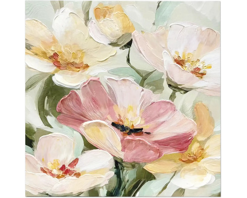 Wandbild mit abstrakt gemalten Blumen in Rosa, Gelb und Weiß mit deutlicher Pinselstruktur.