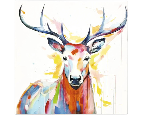 Leinwandbild mit farbenfroher Hirsch-Illustration und Geweih.