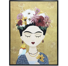 Gerahmtes Wandbild einer Frau im Stil von Frida Kahlo mit Blumenkranz, Vogel auf der Schulter und goldfarbenem Hintergrund.