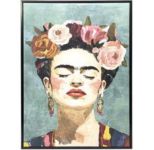 Gerahmtes Wandbild mit einem gemalten Porträt einer Frau mit Blumenkrone und dunklem Haar im Stil von Frida Kahlo.