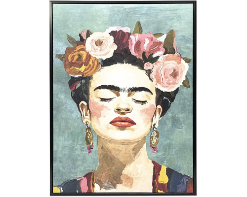 Gerahmtes Wandbild mit einem gemalten Porträt einer Frau mit Blumenkrone und dunklem Haar im Stil von Frida Kahlo.