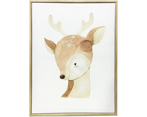 Wandbild im Holzrahmen mit Aquarell-Illustration eines Hirschkopfes für Kinderzimmer.