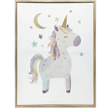 Gerahmtes Leinwandbild mit Einhornmotiv, Mond und Sternen.