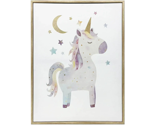 Gerahmtes Leinwandbild mit Einhornmotiv, Mond und Sternen.