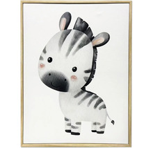 Wandbild für das Kinderzimmer mit einer Illustration eines Baby-Zebras im Aquarell-Stil in einem dünnen Holzrahmen.