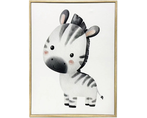 Wandbild für das Kinderzimmer mit einer Illustration eines Baby-Zebras im Aquarell-Stil in einem dünnen Holzrahmen.
