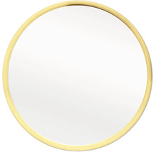 Runder Wandspiegel mit goldenem Rahmen.