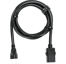 Aufgerolltes Netzkabel mit Stecker und Anschlussbuchse inklusive Klettband.