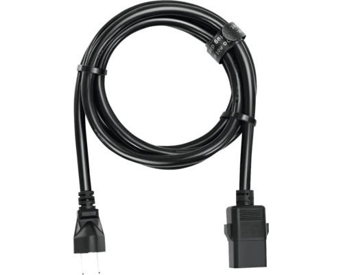 Aufgerolltes Netzkabel mit Stecker und Anschlussbuchse inklusive Klettband.