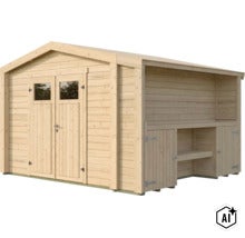 Gartenhaus aus Holz mit Doppeltür und integriertem seitlichen Anbau mit Regalfächern und verschließbaren Staufächern. (Image AI modified or generated)