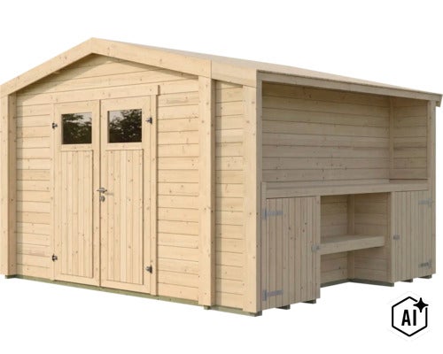Gartenhaus aus Holz mit Doppeltür und integriertem seitlichen Anbau mit Regalfächern und verschließbaren Staufächern. (Image AI modified or generated)