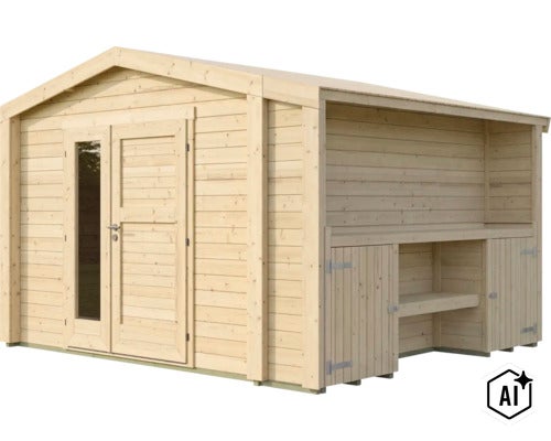 Gartenhaus aus naturbelassenem Holz mit Doppeltür, Fenster und seitlichem Anbau mit Ablageflächen und Schrankelementen. (Image AI modified or generated)