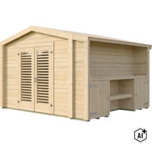Gartenhaus aus naturbelassenem Holz mit Doppeltür und seitlichem Anbau mit Ablageflaeche und zwei Tueren (Image AI modified or generated)