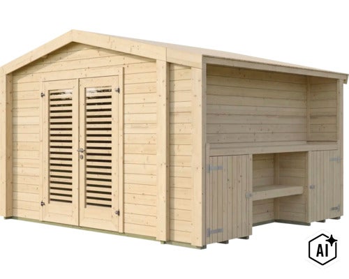 Gartenhaus aus naturbelassenem Holz mit Doppeltür und seitlichem Anbau mit Ablageflaeche und zwei Tueren (Image AI modified or generated)