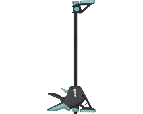 Einhandzwinge wolfcraft PRO mit Führungsschiene und Spannmechanismus.