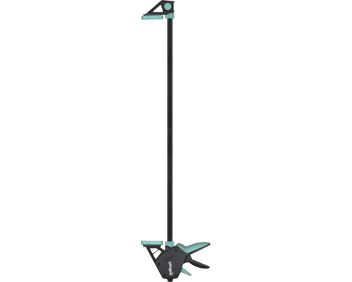 Wolfcraft Einhandzwinge PRO zum Spannen und Spreizen aus Stahl und Kunststoff in Schwarz und Türkis.