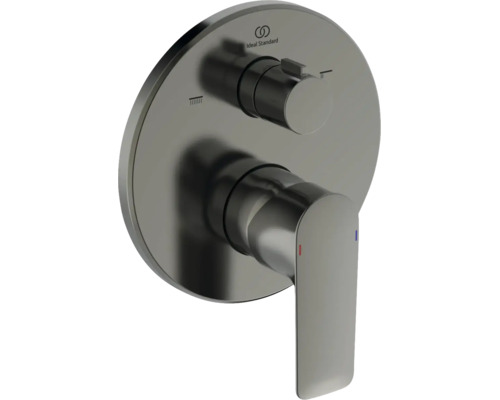 Ideal Standard Unterputz-Einhebelmischer für Badewanne und Dusche mit runder Rosette, Umsteller, Hebelgriff und Ideal Standard Logo.