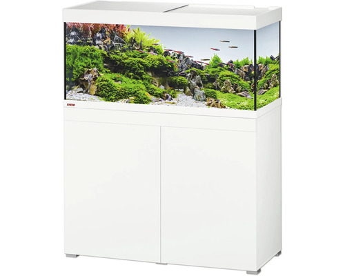 EHEIM Aquarium-Kombination mit weißem Unterschrank und Glasbecken inklusive Aquascaping-Inneneinrichtung mit Wasserpflanzen und Fischen.