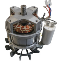 Elektromotor mit Kupferwicklungen, externem Kondensator und Lüfterrad für Haushaltsgeräte.