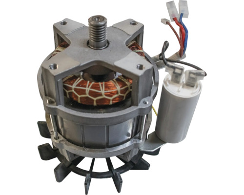Elektromotor mit Kupferwicklungen, externem Kondensator und Lüfterrad für Haushaltsgeräte.