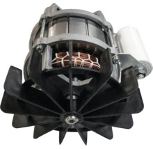 Elektromotor mit sichtbaren Kupferwicklungen, schwarzem Lüfterrad und Kondensator.