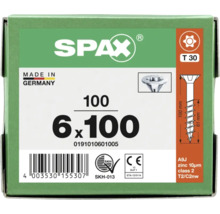 SPAX Logo auf einer Schraubenverpackung, 6 mal 100 Millimeter, 100 Stück, T 30 Antrieb, verzinkt, hergestellt in Deutschland, SKH und CE zertifiziert.