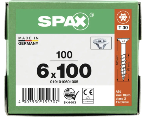 SPAX Logo auf einer Schraubenverpackung, 6 mal 100 Millimeter, 100 Stück, T 30 Antrieb, verzinkt, hergestellt in Deutschland, SKH und CE zertifiziert.