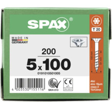 SPAX Logo, Universalschraube 5 mal 100 Millimeter, Senkkopf, T 20, 200 Stück, verzinkt, Made in Germany, CE-Kennzeichnung.