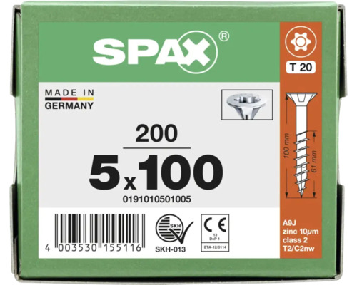 SPAX Logo, Universalschraube 5 mal 100 Millimeter, Senkkopf, T 20, 200 Stück, verzinkt, Made in Germany, CE-Kennzeichnung.