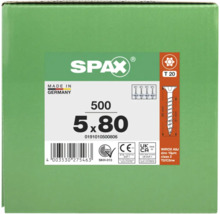 Packung mit 500 SPAX Schrauben, Größe 5 mal 80 Millimeter, T 20 Antrieb, Made in Germany, WIROX Beschichtung.