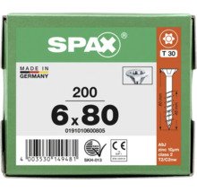 SPAX Logo, Universalschrauben 6 mal 80 Millimeter, 200 Stück, Torx T30 Antrieb, verzinkt, Made in Germany, CE Kennzeichnung und SKH Gütesiegel.