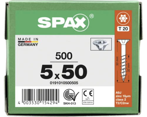 SPAX Universalschraube 5 mal 50 Millimeter, 500 Stück, T 20 Antrieb, verzinkt, Made in Germany Logo, CE Kennzeichnung, SKH Gütezeichen.