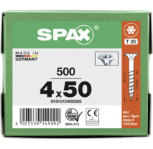 SPAX Schrauben Packung mit 500 Stück, Größe 4 mal 50 Millimeter, Torx 20 Antrieb, hergestellt in Deutschland.