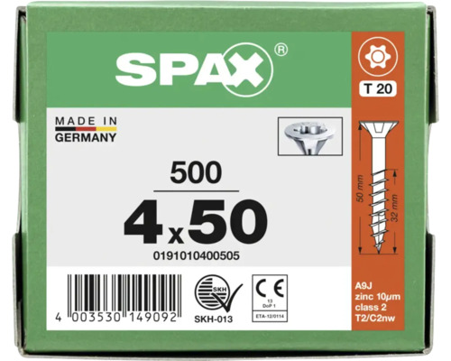 SPAX Schrauben Packung mit 500 Stück, Größe 4 mal 50 Millimeter, Torx 20 Antrieb, hergestellt in Deutschland.