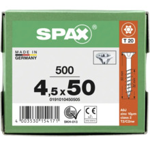 SPAX Schrauben 4,5 mal 50 Millimeter, T20 Antrieb, 500 Stück, verzinkt, Senkkopf, Made in Germany.