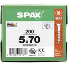 SPAX Logo. Universalschraube 5 mal 70 Millimeter, 200 Stück, T 20, Senkkopf, Teilgewinde, verzinkt, hergestellt in Deutschland.