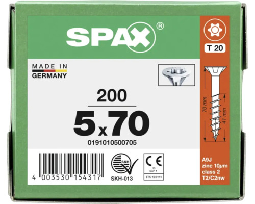 SPAX Logo. Universalschraube 5 mal 70 Millimeter, 200 Stück, T 20, Senkkopf, Teilgewinde, verzinkt, hergestellt in Deutschland.