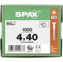 SPAX Logo. Made in Germany. 1000 Stück Universalschrauben 4 mal 40 Millimeter, Senkkopf, T20, Teilgewinde, verzinkt, CE-konform, SKH-zertifiziert.