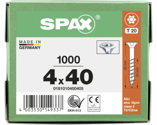 SPAX Logo. Made in Germany. 1000 Stück Universalschrauben 4 mal 40 Millimeter, Senkkopf, T20, Teilgewinde, verzinkt, CE-konform, SKH-zertifiziert.